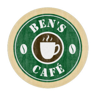 Custom coffee shop business name logo round glass cutting board
