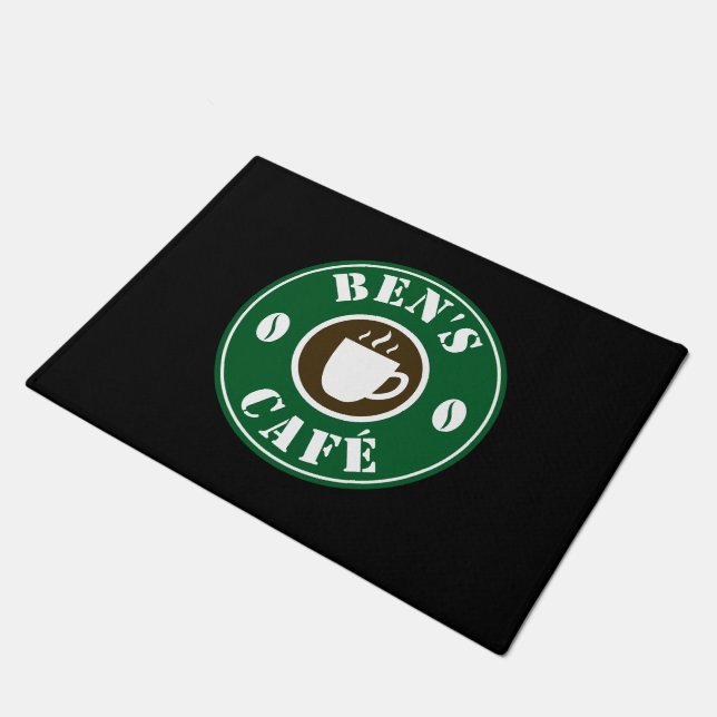 Custom coffee shop doormat with bean logo (Angled)