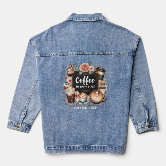 ☕Custom Coffeecore Kitchen Cafe Coffee Happy Place Denim Jacket (Back)