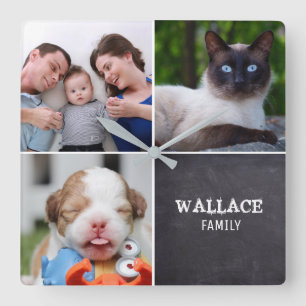 Custom Collage 4 Photos, Personalised, chalked Square Wall Clock