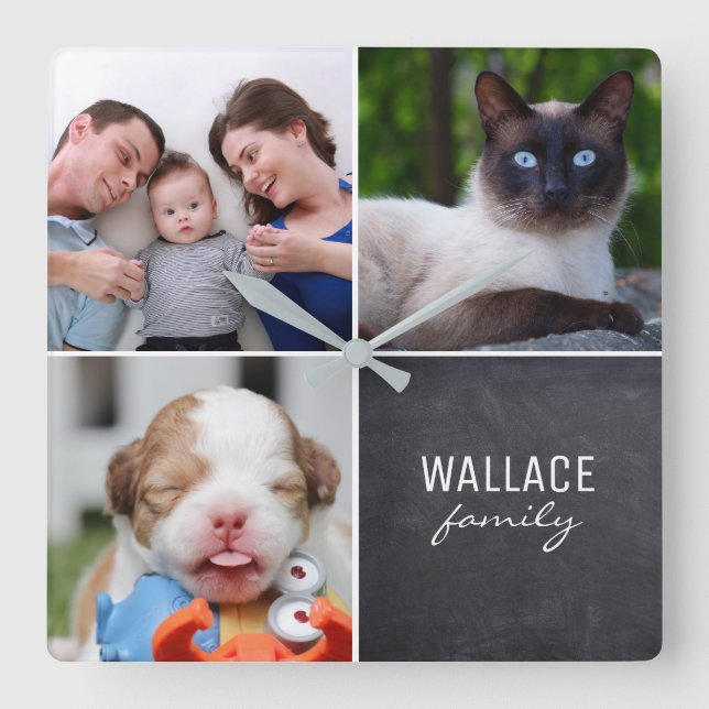 Custom Collage 4 Photos, Personalised, chalked Square Wall Clock (Front)