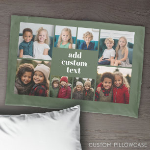 Custom Collage 8 Photo - green with white text Pillowcase