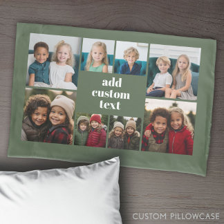 Custom Collage 8 Photo - green with white text Pillowcase
