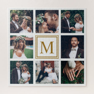 Custom Collage 8 Wedding Photo Gold Monogram Jigsaw Puzzle