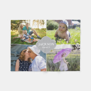 Custom Collage photos with family name, 4 pictures Fleece Blanket