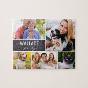 Custom Collage photos with family name Chalkboard Jigsaw Puzzle