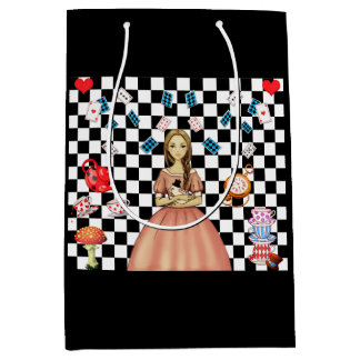 Custom Color Alice in Wonderland Tea Party Checked Medium Gift Bag