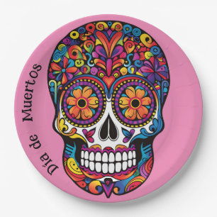 Custom color colorful sugar skull  Día de Muertos Paper Plate