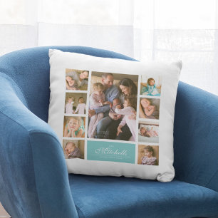 Custom Color Elegant Script Family Photo Collage Cushion
