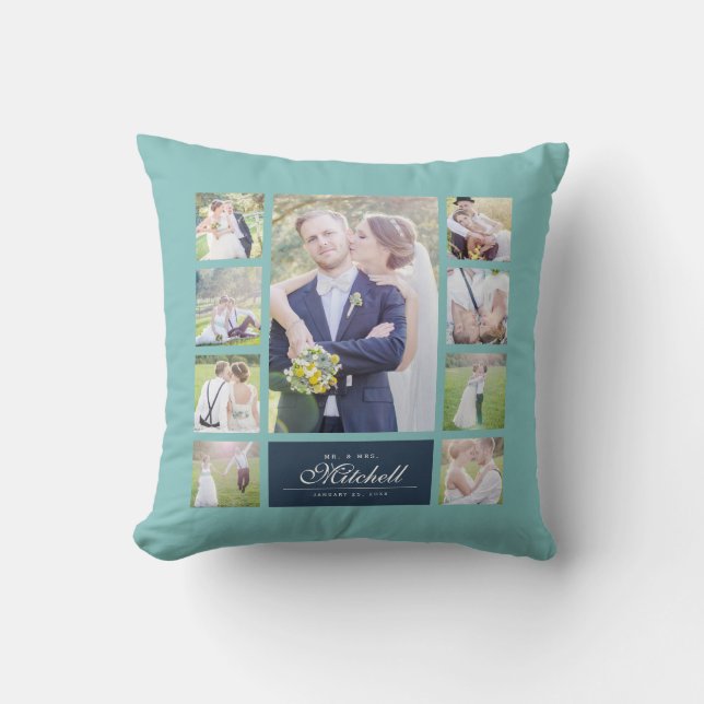 Custom Color Elegant Script Mr & Mrs Photo Collage Cushion (Front)