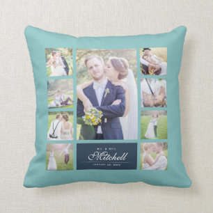 Custom Color Elegant Script Mr & Mrs Photo Collage Cushion