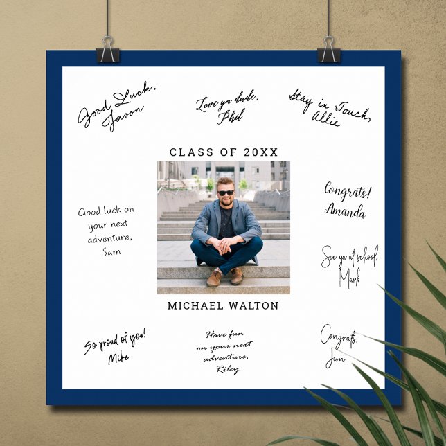 CUSTOM COLOR Photo Graduation Signature Message Poster (Graduation autograph poster with your photo and navy blue border, INSTANT DOWNLOAD and/or PRINTED)