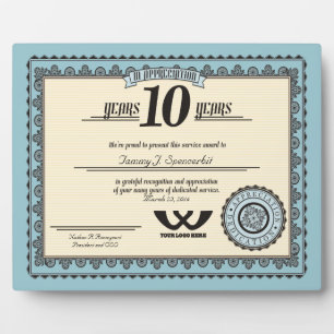 Custom colour 10 year employment service award plaque