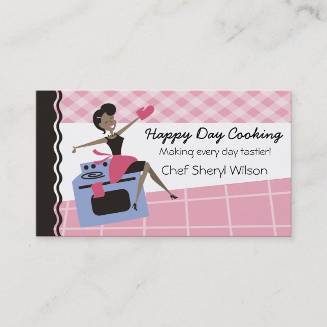 Custom colour African American woman oven cooking Business Card (Front)