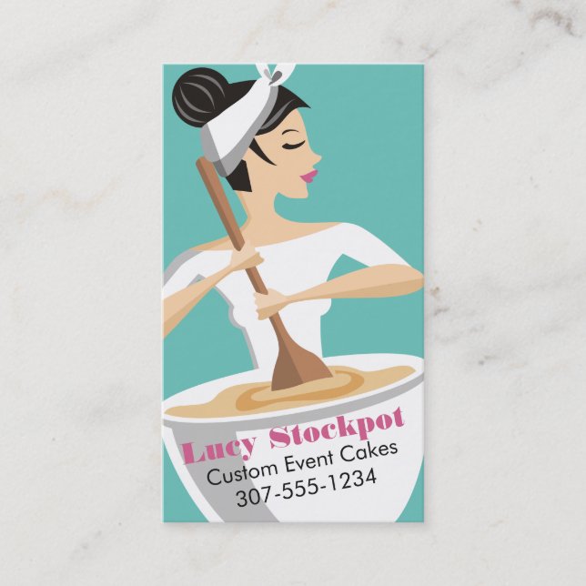 Custom colour bakery woman stirring giant bowl business card (Front)