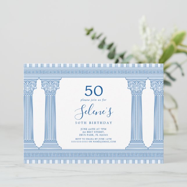 custom colour birthday party with Greek temple Invitation (Standing Front)