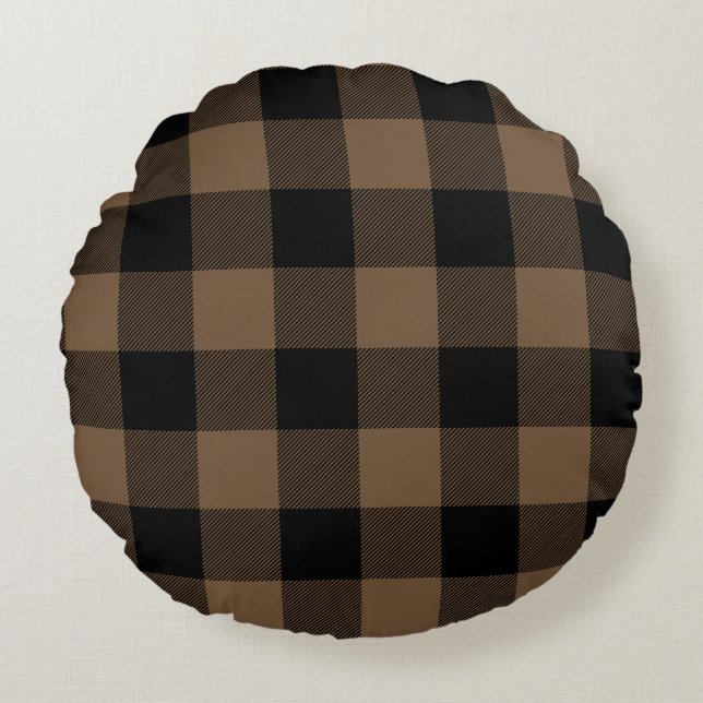 Custom Colour Black and Brown Buffalo Check Plaid Round Cushion (Front)