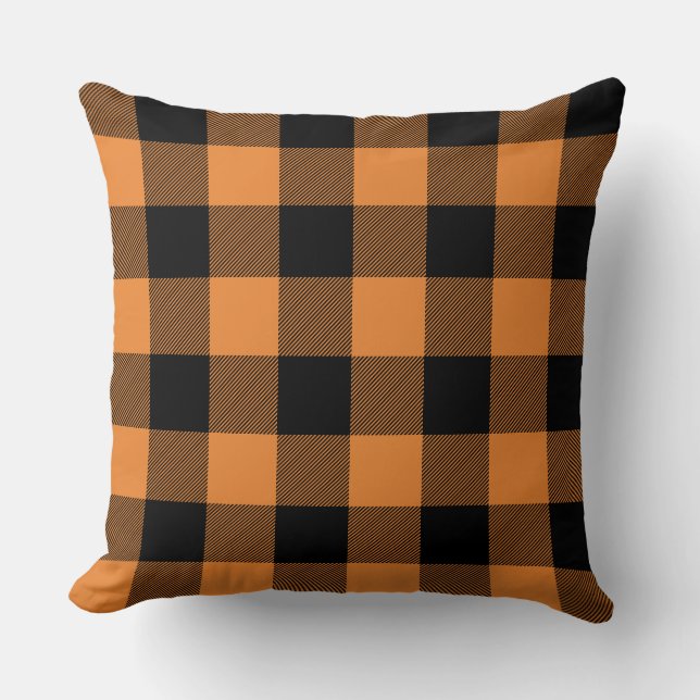 Custom Colour Black and Orange Buffalo Check Plaid Cushion (Front)