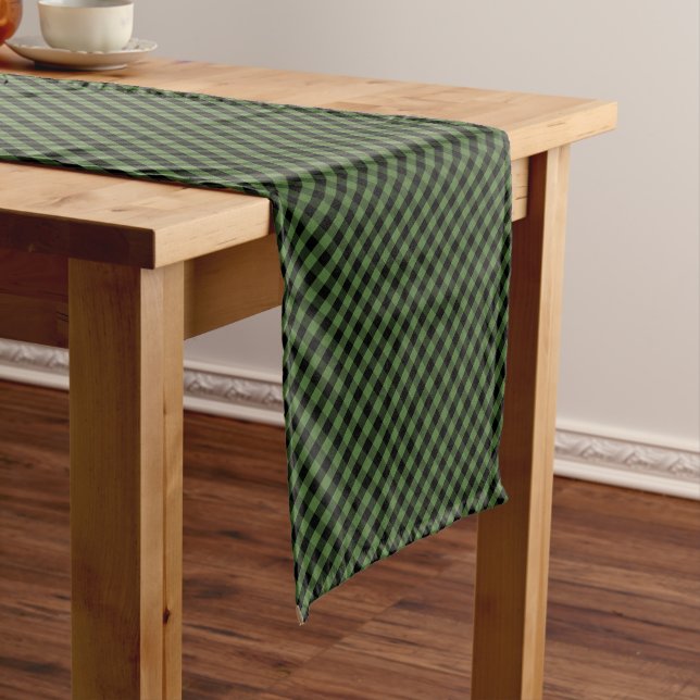 Custom Colour Black Green Gingham Check Pattern Short Table Runner (In Situ)