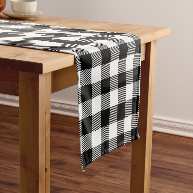 Custom Colour Black White Buffalo Plaid Pattern Short Table Runner (In Situ)