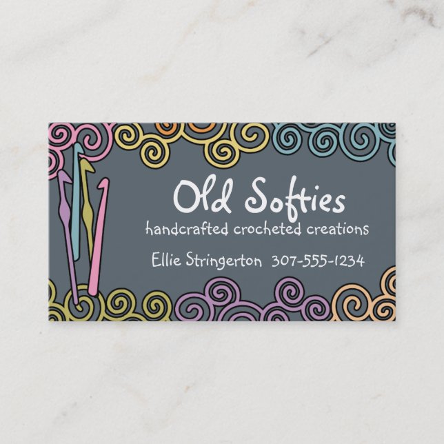 Custom colour crochet hooks colourful yarn swirls business card (Front)