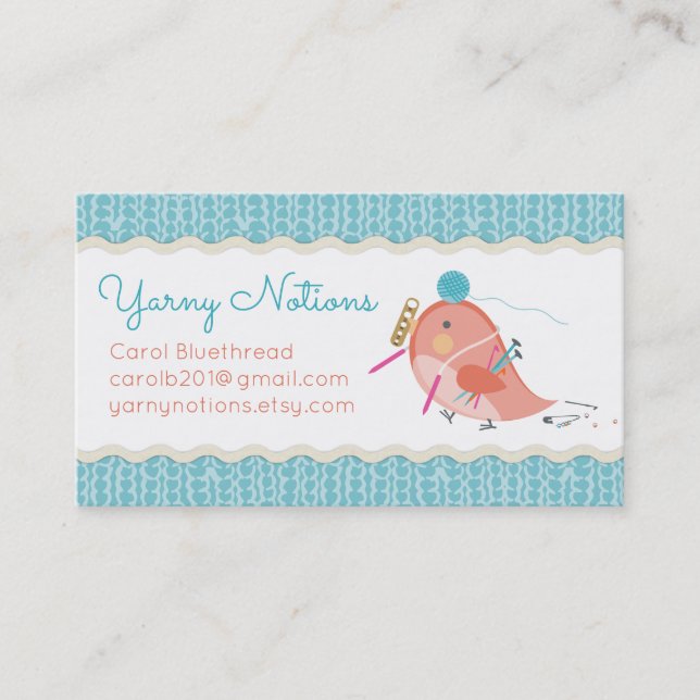Custom colour cute bird knitting crochet notions business card (Front)