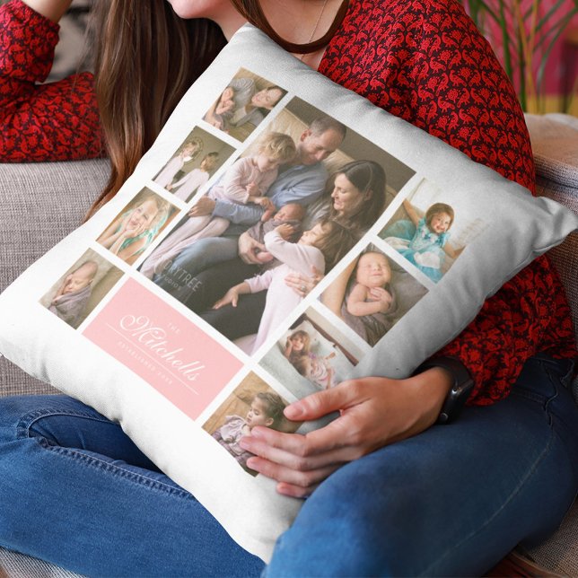 Custom Colour Elegant Script Family Photo Collage Cushion (Creator Uploaded)
