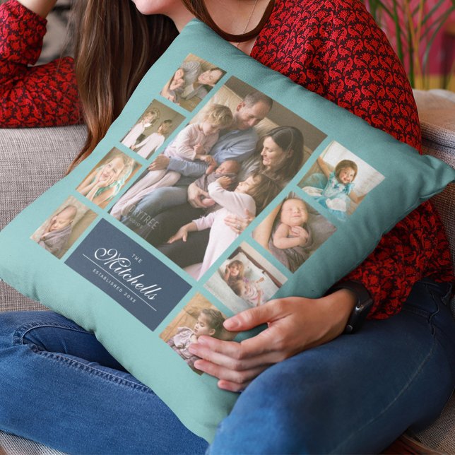 Custom Colour Elegant Script Family Photo Collage Cushion (Creator Uploaded)