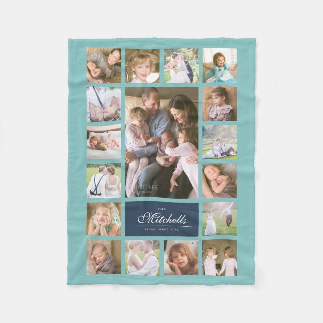 Custom Colour Elegant Script Family Photo Collage Fleece Blanket (Front)