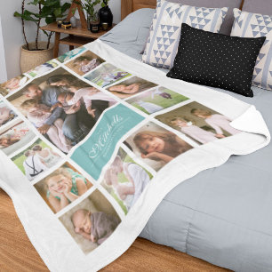 Custom Colour Elegant Script Family Photo Collage Fleece Blanket