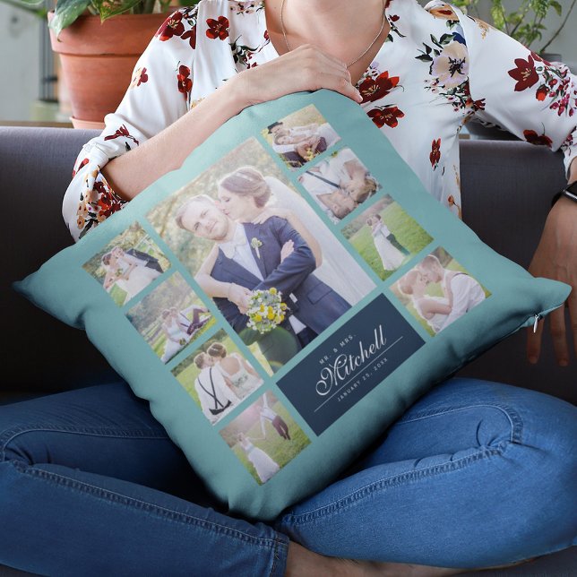 Custom Colour Elegant Script Mr & Mrs Photo Collag Cushion (Creator Uploaded)