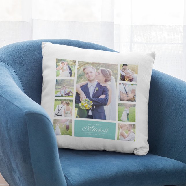 Custom Colour Elegant Script Mr & Mrs Photo Collag Cushion (Creator Uploaded)