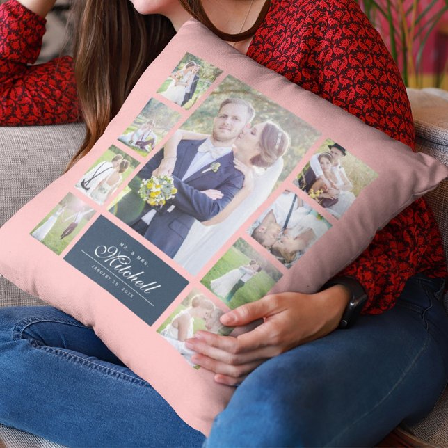 Custom Colour Elegant Script Mr & Mrs Photo Collag Cushion (Creator Uploaded)