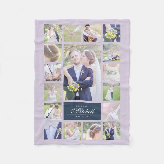 Custom Colour Elegant Script Mr & Mrs Photo Collag Fleece Blanket (Front)