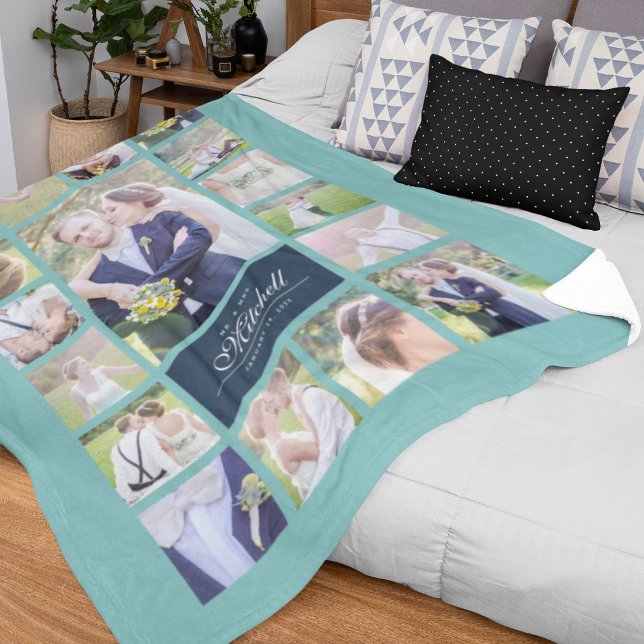 Custom Colour Elegant Script Mr & Mrs Photo Collag Fleece Blanket (Creator Uploaded)