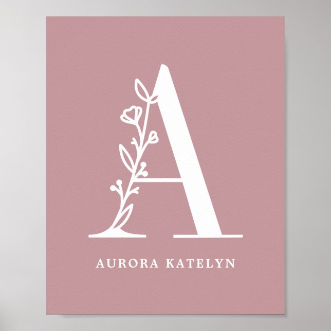 Custom Colour Floral Monogram Letter A Name Nurser Poster (Front)