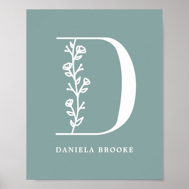 Custom Colour Floral Monogram Letter D Name Nurser Poster (Front)