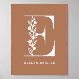 Custom Colour Floral Monogram Letter E Name Nurser Poster