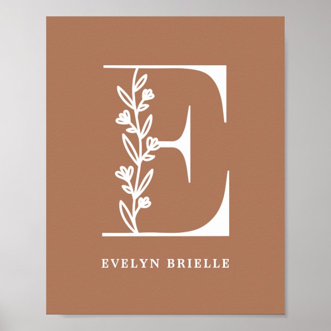 Custom Colour Floral Monogram Letter E Name Nurser Poster (Front)