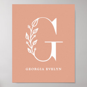 Custom Colour Floral Monogram Letter G Name Nurser Poster