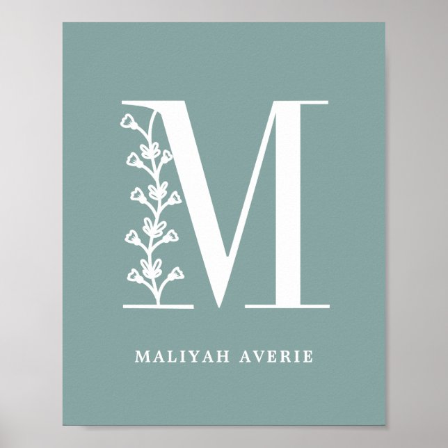 Custom Colour Floral Monogram Letter M Name Nurser Poster (Front)