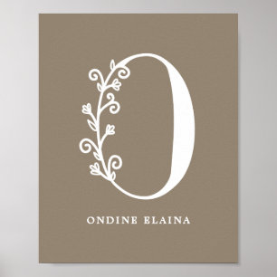 Custom Colour Floral Monogram Letter O Name Nurser Poster