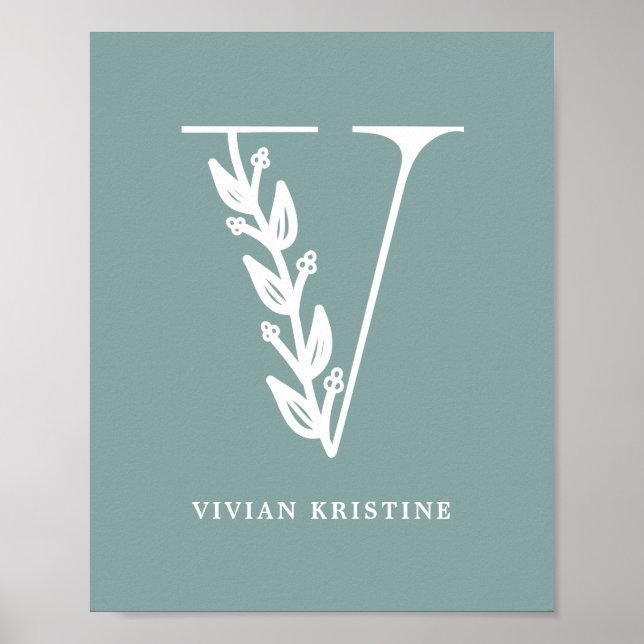 Custom Colour Floral Monogram Letter V Name Nurser Poster (Front)