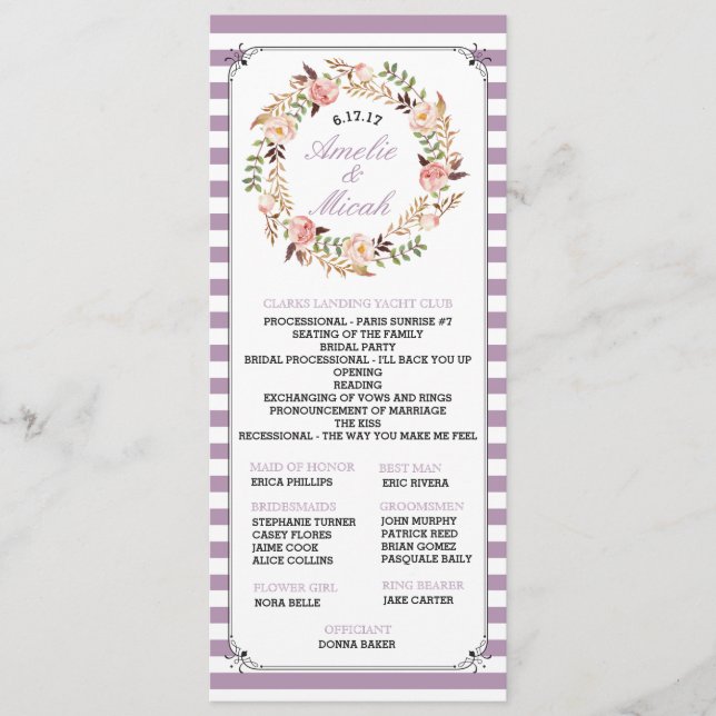 Custom Colour Floral Striped Wedding Programs (Front)