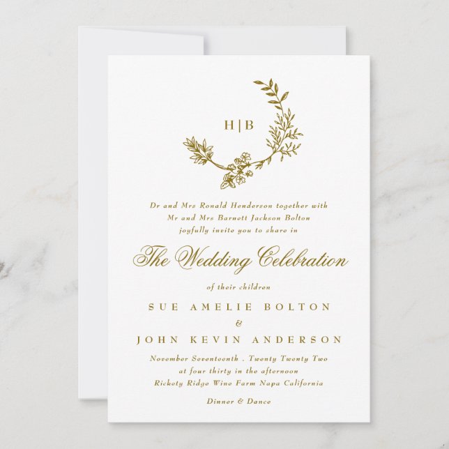 Custom Colour Floral Wreath Monogram Wedding Invitation (Front)