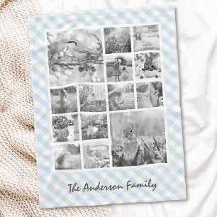 Custom Colour Gingham 14 Photo Collage Baby Boy Fleece Blanket