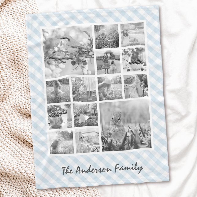 Custom Colour Gingham 14 Photo Collage Baby Boy Fleece Blanket (Creator Uploaded)