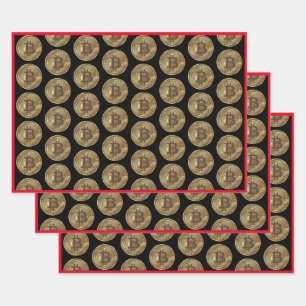 Custom Colour Gold Bitcoin Cryptocurrency Logo Red Wrapping Paper Sheet