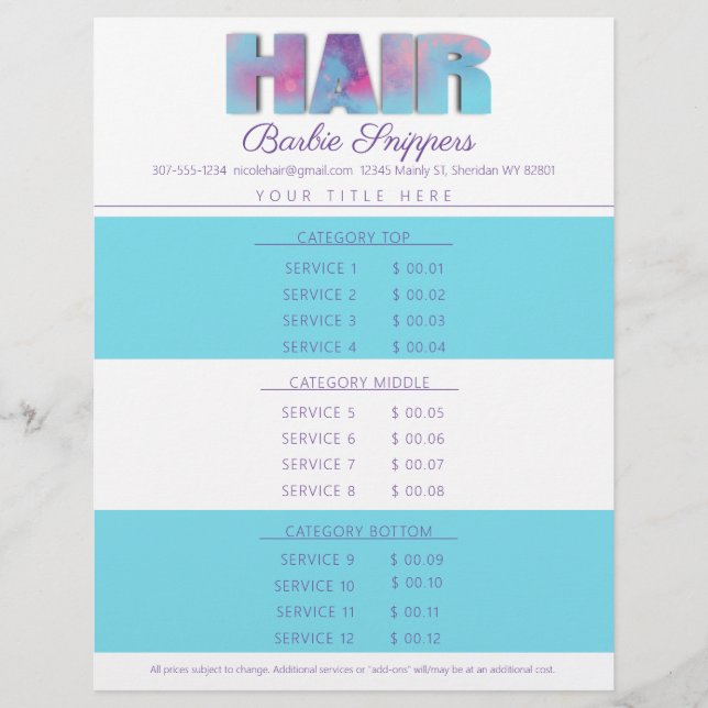 Custom colour hair stylist salon service price lis letterhead (Front)