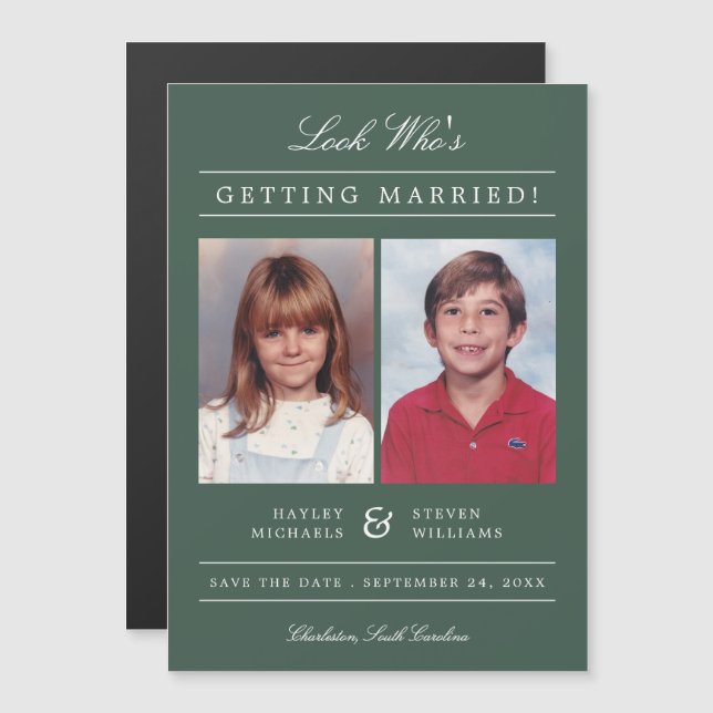 Custom Colour Kid Photo Save the Date | Green Magnetic Invitation (Front/Back)